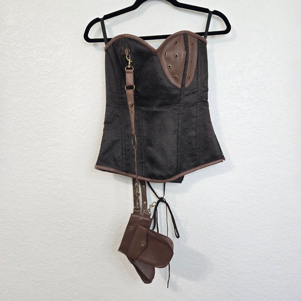 Charmian L Brown Steampunk Corset Top Faux Leather Accents Renaissance Cosplay - Picture 4 of 8